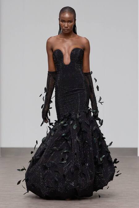 Buy Itrh Black Melon Crepe Embroidered Crytsal Crystal Embellished Feathered Gown Online at Aza Fashions Buy_Itrh_Black Melon Crepe Embroidered Crytsal Crystal Embellished Feathered Gown_Online_at_Aza_Fashions