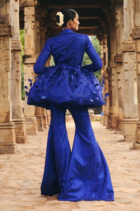 Shop Itrh Blue Crepe Crystals Embellished Blazer And Pant Set at Aza Fashions Shop_Itrh_Blue Crepe Crystals Embellished Blazer And Pant Set_at_Aza_Fashions