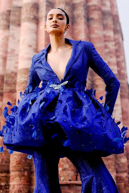 Itrh Blue Crepe Crystals Embellished Blazer And Pant Set Online at Aza Fashions Itrh_Blue Crepe Crystals Embellished Blazer And Pant Set_Online_at_Aza_Fashions