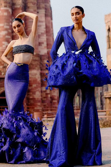 Itrh Blue Crepe Crystals Embellished Blazer And Pant Set at Aza Fashions Itrh_Blue Crepe Crystals Embellished Blazer And Pant Set_at_Aza_Fashions