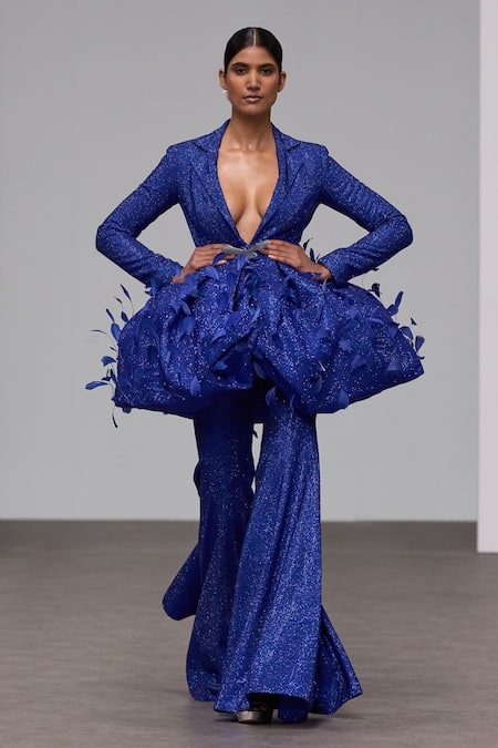 Buy Itrh Blue Crepe Crystals Embellished Blazer And Pant Set Buy_Itrh_Blue Crepe Crystals Embellished Blazer And Pant Set