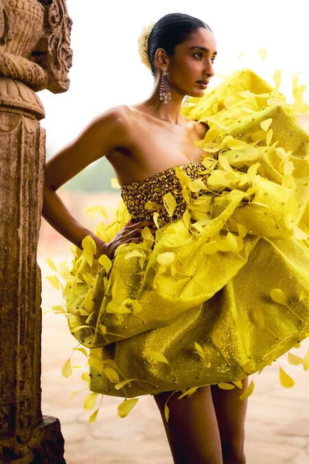 Buy Itrh Yellow Crepe Feathers, Ruffles Asymmetric Crystal Embellished Dress Online at Aza Fashions Buy_Itrh_Yellow Crepe Feathers, Ruffles Asymmetric Crystal Embellished Dress_Online_at_Aza_Fashions