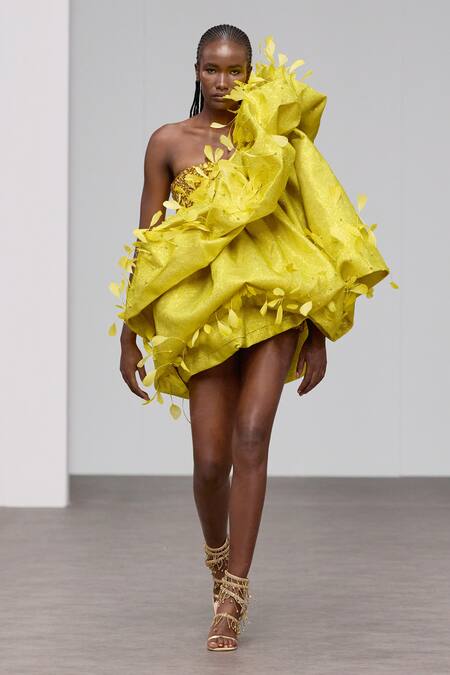 Buy Itrh Yellow Crepe Feathers, Ruffles Asymmetric Crystal Embellished Dress Buy_Itrh_Yellow Crepe Feathers, Ruffles Asymmetric Crystal Embellished Dress
