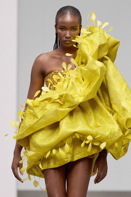 Shop Itrh Yellow Crepe Feathers, Ruffles Asymmetric Crystal Embellished Dress Shop_Itrh_Yellow Crepe Feathers, Ruffles Asymmetric Crystal Embellished Dress