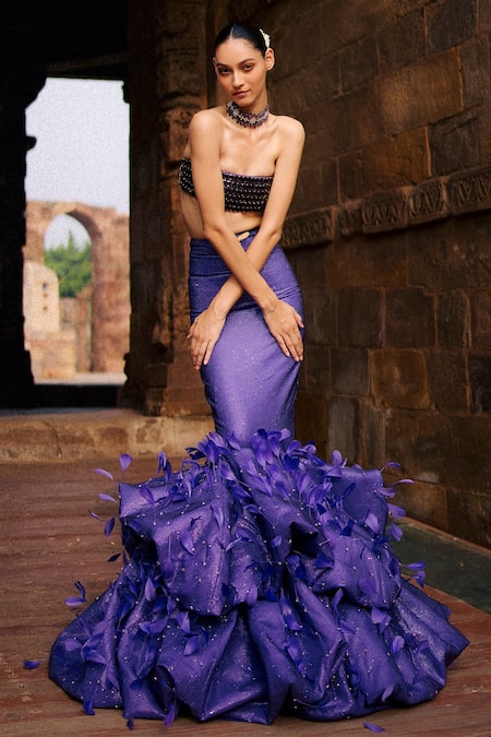 Shop_Itrh_Purple Crepe Stones, Feathers Square Neck Fish Cut Skirt Set With Tube Top_at_Aza_Fashions