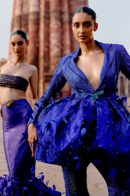 Itrh_Purple Crepe Stones, Feathers Square Neck Fish Cut Skirt Set With Tube Top_Online_at_Aza_Fashions