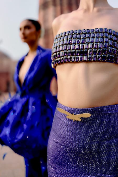 Itrh_Purple Crepe Stones, Feathers Square Neck Fish Cut Skirt Set With Tube Top_at_Aza_Fashions