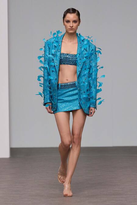 Itrh Blue Crepe Beads, Fabric Flowers Open Turquoise Crystal Feather Jacket Skirt Set at Aza Fashions Itrh_Blue Crepe Beads, Fabric Flowers Open Turquoise Crystal Feather Jacket Skirt Set _at_Aza_Fashions