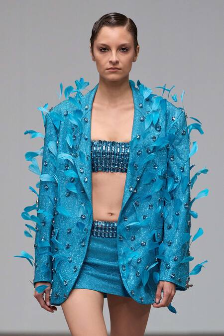 Shop Itrh Blue Crepe Beads, Fabric Flowers Open Turquoise Crystal Feather Jacket Skirt Set Shop_Itrh_Blue Crepe Beads, Fabric Flowers Open Turquoise Crystal Feather Jacket Skirt Set
