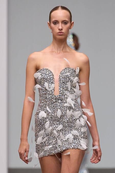 Shop Itrh Silver Taffeta Stones Plunge Neck Embellished Strapless Mini Dress Shop_Itrh_Silver Taffeta Stones Plunge Neck Embellished Strapless Mini Dress