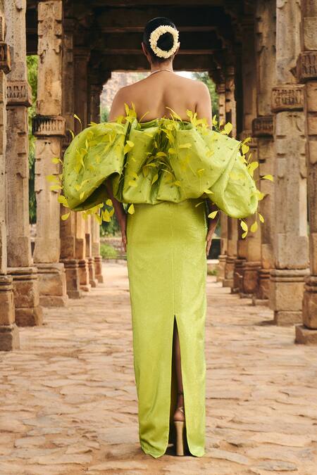 Shop_Itrh_Green Crepe Crystals, Stones, Fabric Flowers Embellished Off-shoulder Gown_at_Aza_Fashions