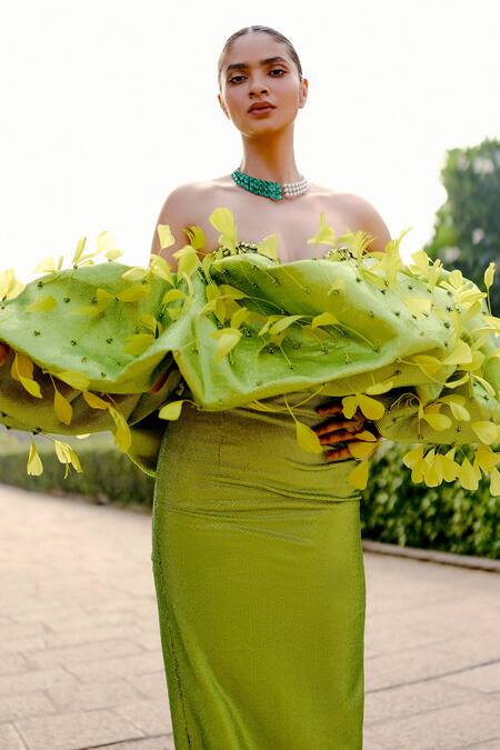 Itrh_Green Crepe Crystals, Stones, Fabric Flowers Embellished Off-shoulder Gown_Online_at_Aza_Fashions