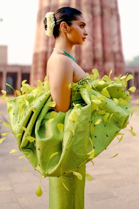 Buy_Itrh_Green Crepe Crystals, Stones, Fabric Flowers Embellished Off-shoulder Gown_Online_at_Aza_Fashions