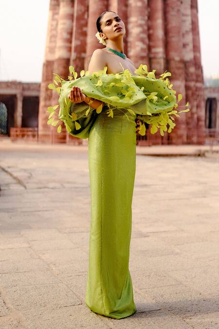 Shop_Itrh_Green Crepe Crystals, Stones, Fabric Flowers Embellished Off-shoulder Gown_Online_at_Aza_Fashions