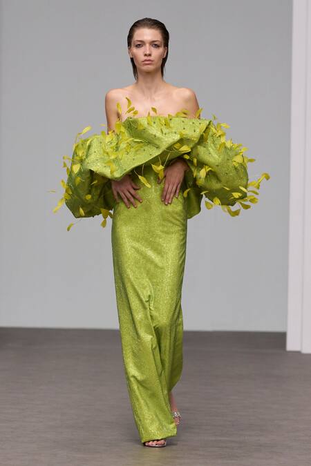 Buy_Itrh_Green Crepe Crystals, Stones, Fabric Flowers Embellished Off-shoulder Gown