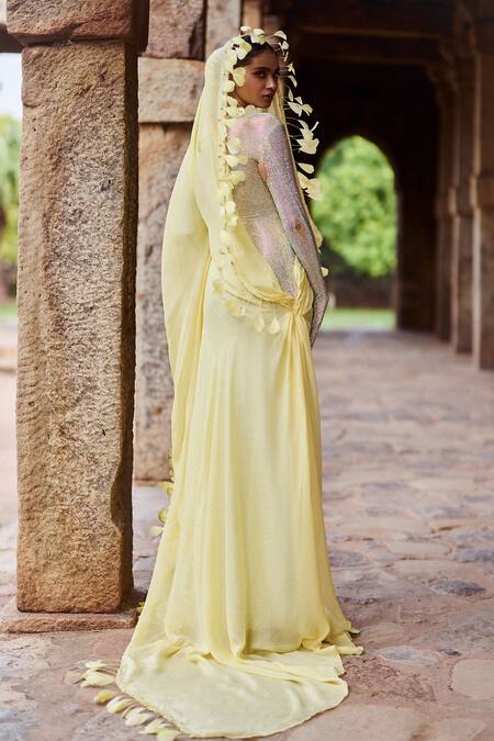 Shop Itrh Yellow Chiffon, Net Embroidery, Crystals Collared Embellished Gown With Drape at Aza Fashions Shop_Itrh_Yellow Chiffon, Net Embroidery, Crystals Collared Embellished Gown With Drape_at_Aza_Fashions