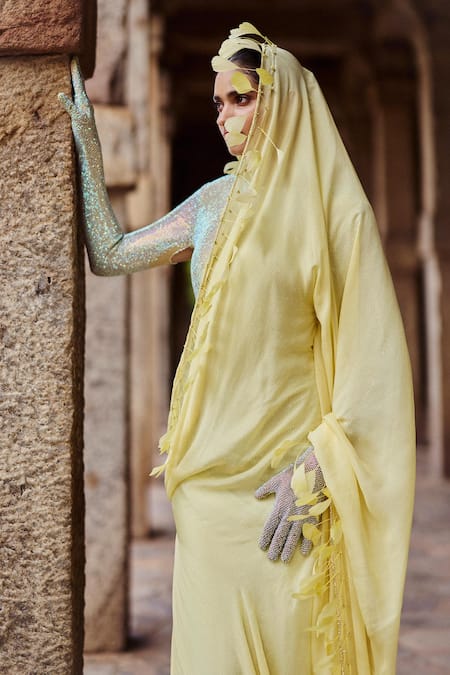 Buy Itrh Yellow Chiffon, Net Embroidery, Crystals Collared Embellished Gown With Drape Online at Aza Fashions Buy_Itrh_Yellow Chiffon, Net Embroidery, Crystals Collared Embellished Gown With Drape_Online_at_Aza_Fashions