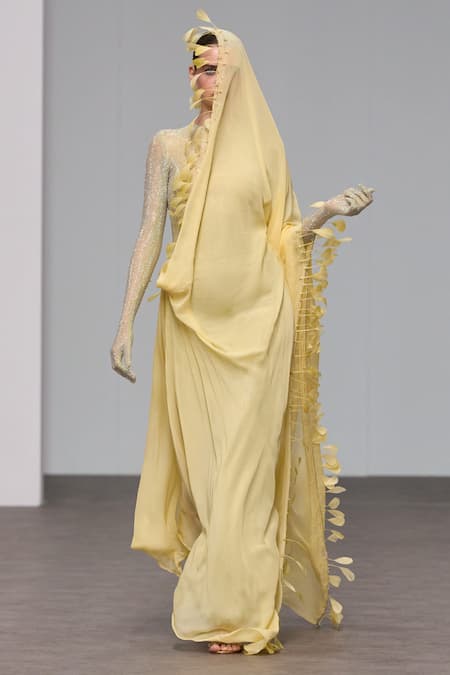 Shop Itrh Yellow Chiffon, Net Embroidery, Crystals Collared Embellished Gown With Drape Online at Aza Fashions Shop_Itrh_Yellow Chiffon, Net Embroidery, Crystals Collared Embellished Gown With Drape_Online_at_Aza_Fashions