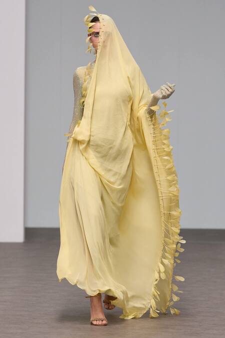 Itrh Yellow Chiffon, Net Embroidery, Crystals Collared Embellished Gown With Drape at Aza Fashions Itrh_Yellow Chiffon, Net Embroidery, Crystals Collared Embellished Gown With Drape_at_Aza_Fashions