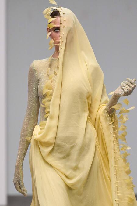 Buy Itrh Yellow Chiffon, Net Embroidery, Crystals Collared Embellished Gown With Drape Buy_Itrh_Yellow Chiffon, Net Embroidery, Crystals Collared Embellished Gown With Drape