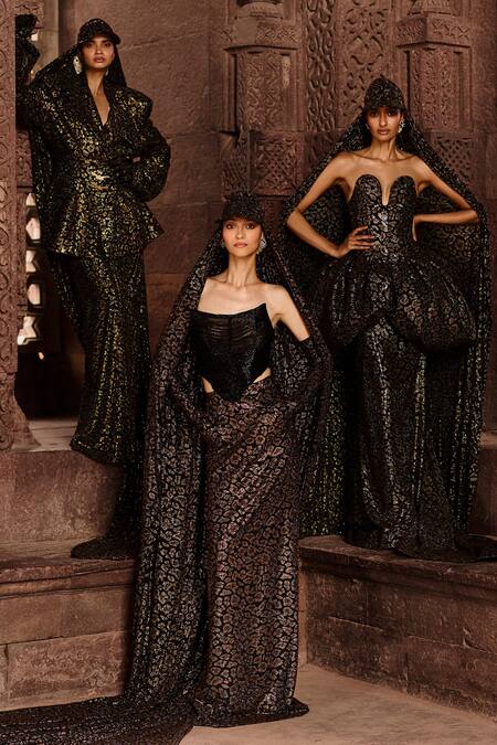 Shop Itrh Black Crepe Crystals Plunge Neck Leopard Print Bubble Top And Fish Skirt Online at Aza Fashions Shop_Itrh_Black Crepe Crystals Plunge Neck Leopard Print Bubble Top And Fish Skirt_Online_at_Aza_Fashions