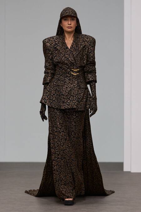 Itrh_Black Crepe Crystals Leopard Blazer Set_Online_at_Aza_Fashions