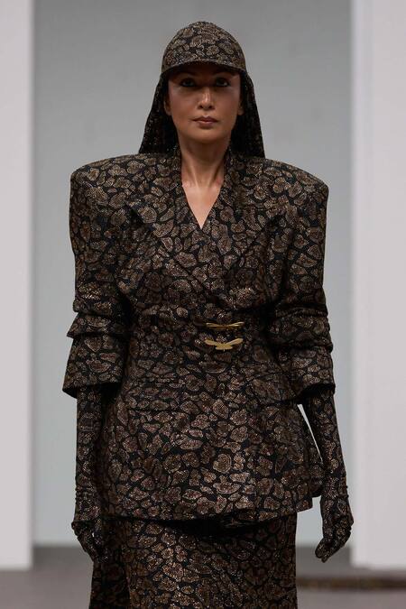 Shop_Itrh_Black Crepe Crystals Leopard Blazer Set_Online_at_Aza_Fashions