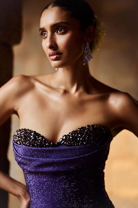 Buy Itrh Purple Crepe Stones Sweetheart Neck Embellished Mini Dress Online at Aza Fashions Buy_Itrh_Purple Crepe Stones Sweetheart Neck Embellished Mini Dress _Online_at_Aza_Fashions