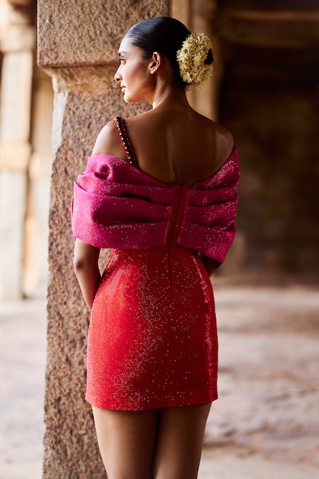 Itrh Asymmetric Red Mini Dress With Embellishments 