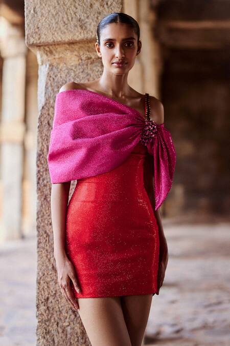Itrh_Red Crepe Crystals, Stones Asymmetric Mini Dress With Embellishments _Online_at_Aza_Fashions