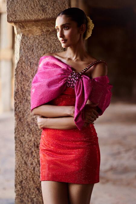 Buy_Itrh_Red Crepe Crystals, Stones Asymmetric Mini Dress With Embellishments _Online_at_Aza_Fashions