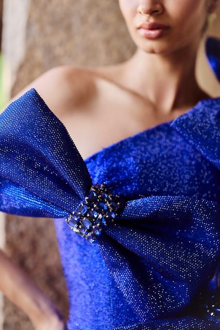 Buy_Itrh_Blue Crepe Bows, Crystals Asymmetric Embellished Tube Dress _Online_at_Aza_Fashions