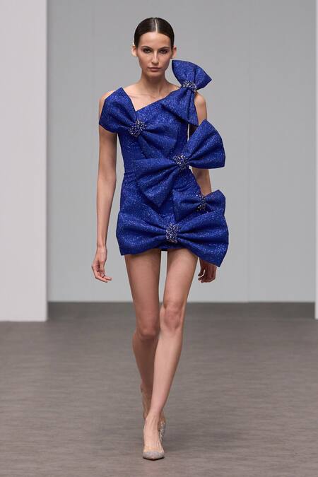 Shop_Itrh_Blue Crepe Bows, Crystals Asymmetric Embellished Tube Dress _Online_at_Aza_Fashions