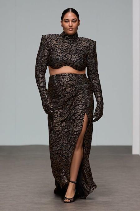 Itrh Black Crystal Leopard Print Top & Skirt Set 