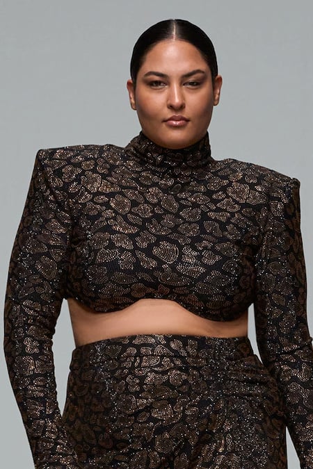 Buy_Itrh_Black Jersey, Crepe Crystals High Neck Leopard Print Top And Skirt Set _Online_at_Aza_Fashions