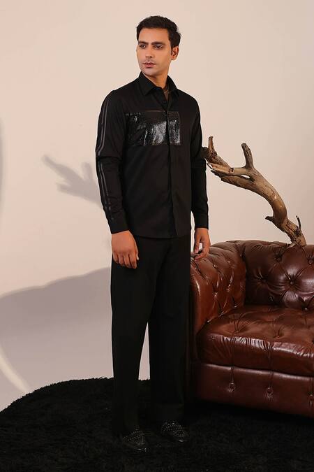 Abkasa_Black Cotton Satin Patchwork Panel Shirt _Online_at_Aza_Fashions