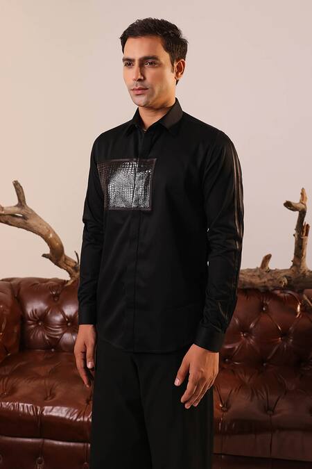Shop_Abkasa_Black Cotton Satin Patchwork Panel Shirt _Online_at_Aza_Fashions