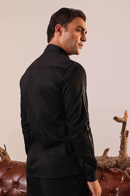 Shop_Abkasa_Black Cotton Satin Patchwork Panel Shirt _at_Aza_Fashions