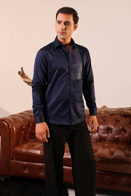 Abkasa_Blue Cotton Satin Fringe, Patchwork Bodice Shirt _Online_at_Aza_Fashions