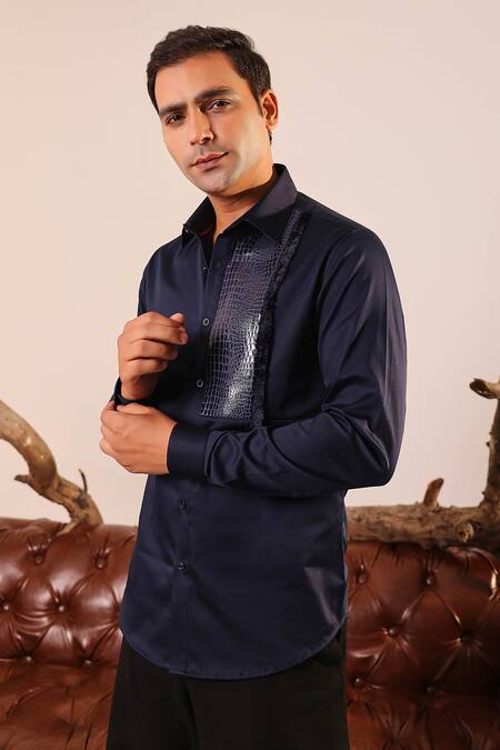 Buy_Abkasa_Blue Cotton Satin Fringe, Patchwork Bodice Shirt _Online_at_Aza_Fashions