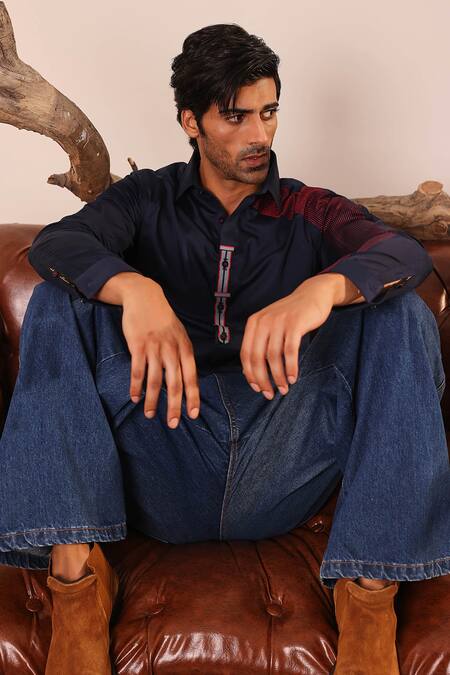 Abkasa Blue Cotton Satin Embroidery, Patchwork Navy Stripe Shirt Online at Aza Fashions Abkasa_Blue Cotton Satin Embroidery, Patchwork Navy Stripe Shirt _Online_at_Aza_Fashions