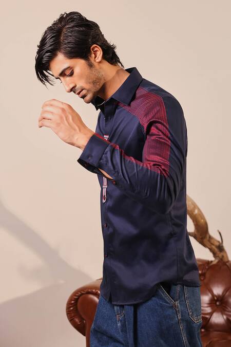 Buy Abkasa Blue Cotton Satin Embroidery, Patchwork Navy Stripe Shirt Online at Aza Fashions Buy_Abkasa_Blue Cotton Satin Embroidery, Patchwork Navy Stripe Shirt _Online_at_Aza_Fashions