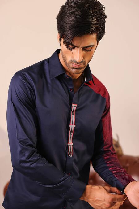 Shop Abkasa Blue Cotton Satin Embroidery, Patchwork Navy Stripe Shirt Online at Aza Fashions Shop_Abkasa_Blue Cotton Satin Embroidery, Patchwork Navy Stripe Shirt _Online_at_Aza_Fashions