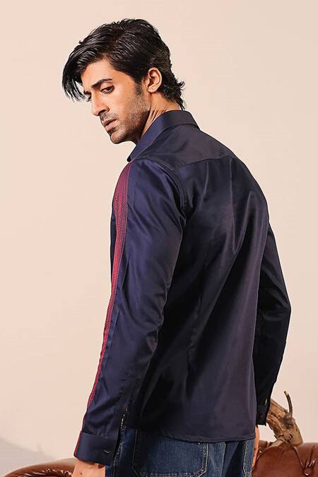 Shop Abkasa Blue Cotton Satin Embroidery, Patchwork Navy Stripe Shirt at Aza Fashions Shop_Abkasa_Blue Cotton Satin Embroidery, Patchwork Navy Stripe Shirt _at_Aza_Fashions