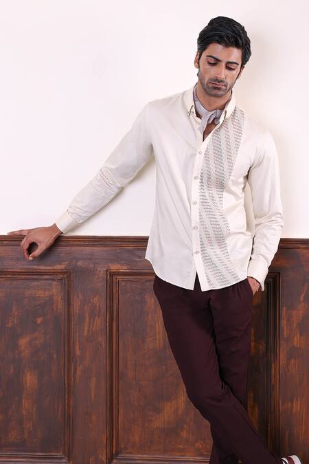 Abkasa_Beige Cotton Satin Side Pintuck Shirt _Online_at_Aza_Fashions