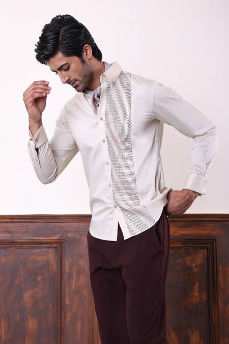 Buy_Abkasa_Beige Cotton Satin Side Pintuck Shirt _Online_at_Aza_Fashions