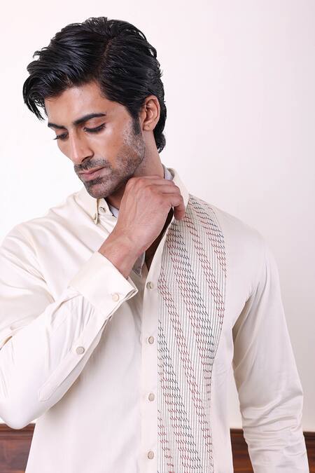 Abkasa_Beige Cotton Satin Side Pintuck Shirt _at_Aza_Fashions