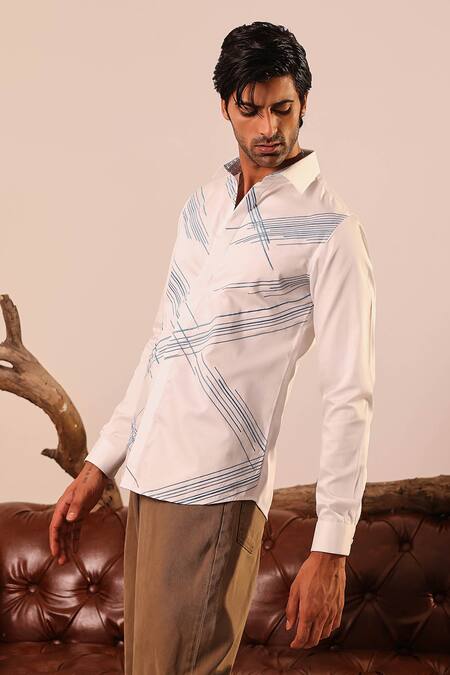 Abkasa_White Cotton Satin Embroidery Cross Pattern Shirt _Online_at_Aza_Fashions