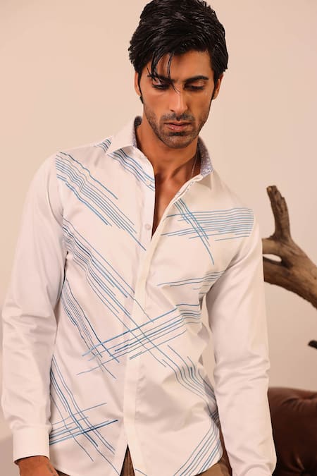 Shop_Abkasa_White Cotton Satin Embroidery Cross Pattern Shirt _Online_at_Aza_Fashions