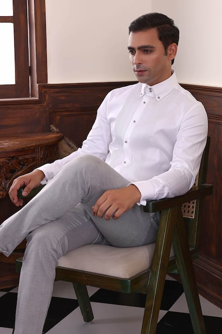 Abkasa_White Cotton Satin Embroidery Striped Pintuck Panel Shirt _Online_at_Aza_Fashions